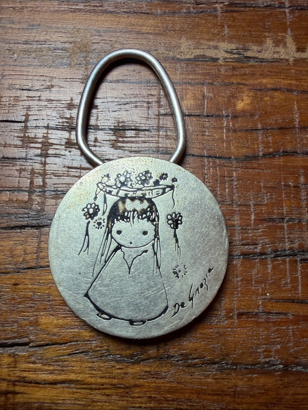 Vintage Ted DeGrazia Silver Tone Flower Girl Keychain Key Ring Folk Art
